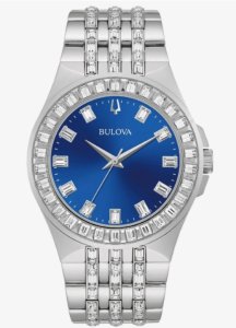 RELOJ MARCA BULOVA ACERO INOXIDABLE CO N PIEDRAS PRECIOSAS  CON  IDEAL  CON  EN CARATULA    AZUL MARINO EXTENCIBLE PLATA